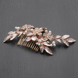 New! Designer Bridal Hair Comb With Hand Painted Rose Gold Leaves And Pave Crystals 4437hc-i-rg
