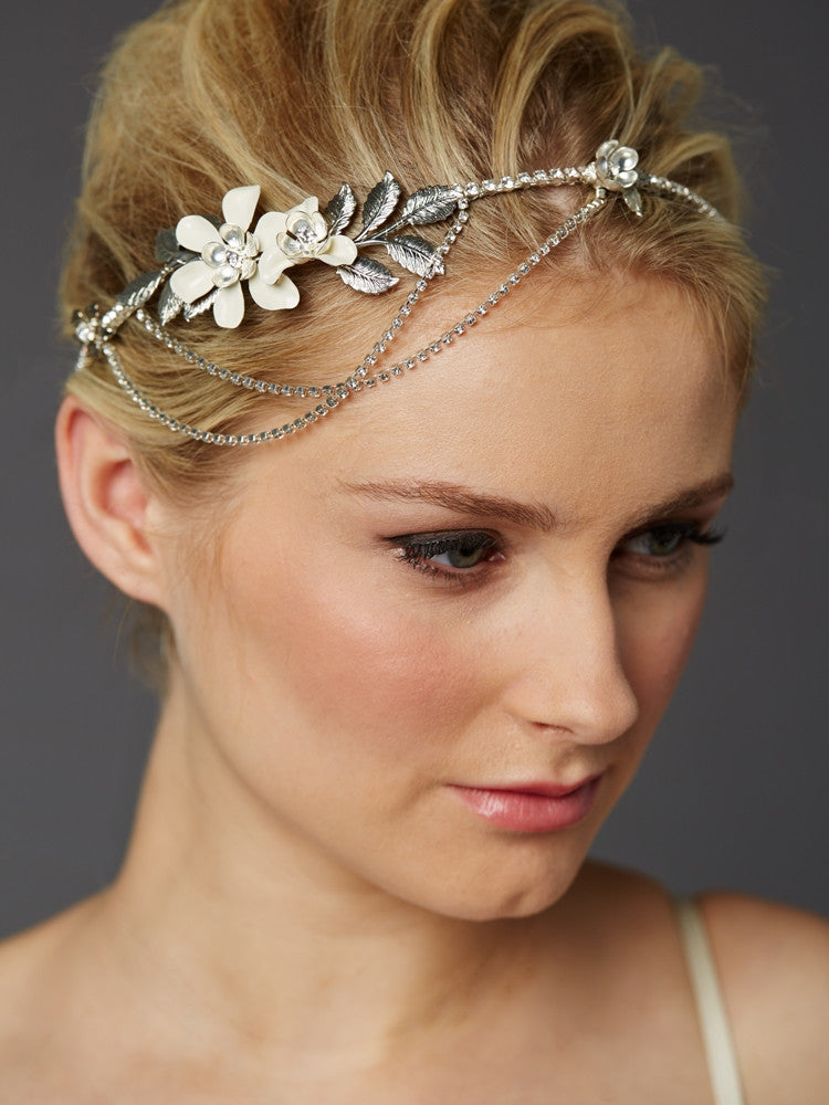 Hand-Enameled Floral Headband Crown with Preciosa Crystal Drapes 4446HB-I-S