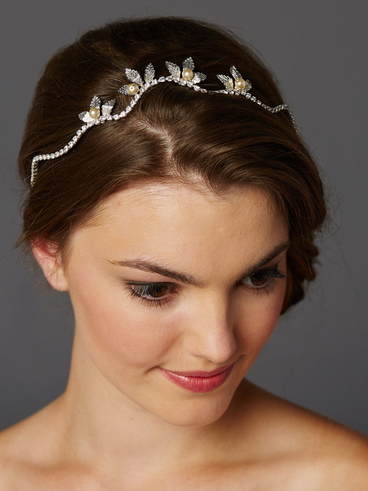 Hand-made Wavy Bridal Tiara Crown with Leaves and Pearls 4448HB-I-S