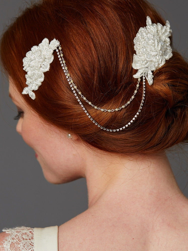 Double English Rose Ivory Lace Combs with Pearl and Crystal Swags 4450HC-LTI