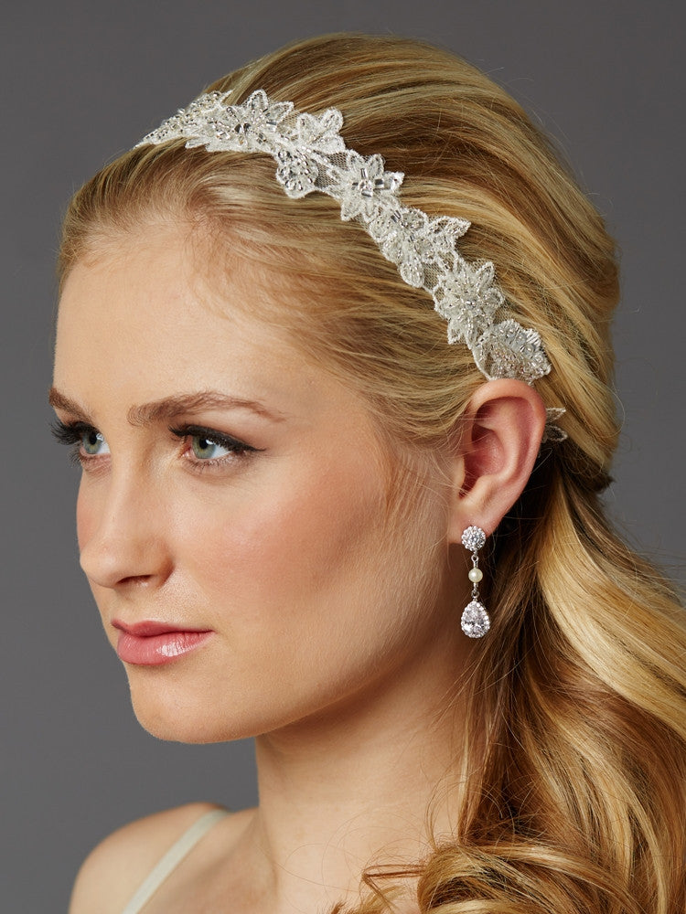 European Lace Floral Bridal Headband with Genuine Preciosa Crystals and Seeds 4454HB-I
