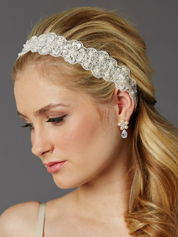 Fine European Lace Scalloped Bridal Heaband with Baby Pearls 4456HB-LTI