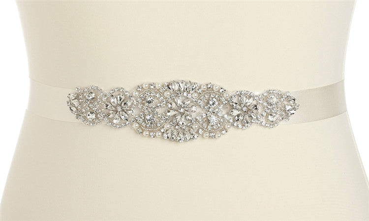Luxurious Crystal and Pearl Applique Bridal Sash or Belt 4461SH-I-S