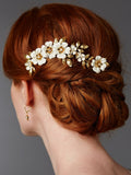 Hand Enameled Gold Tea Rose Designer Bridal Comb 4480HC-I-G