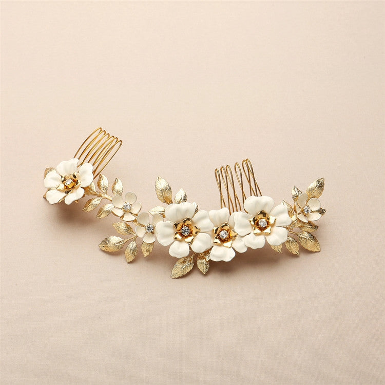 Hand Enameled Gold Tea Rose Designer Bridal Comb 4480HC-I-G