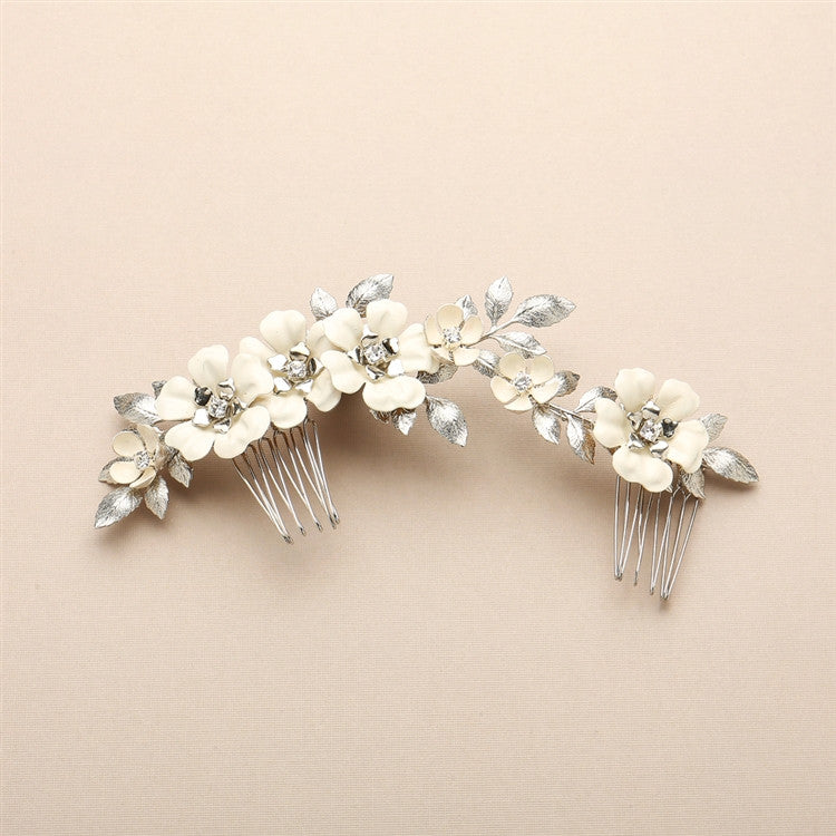 Hand Enameled Tea Rose Designer Bridal Comb 4480HC-I-S