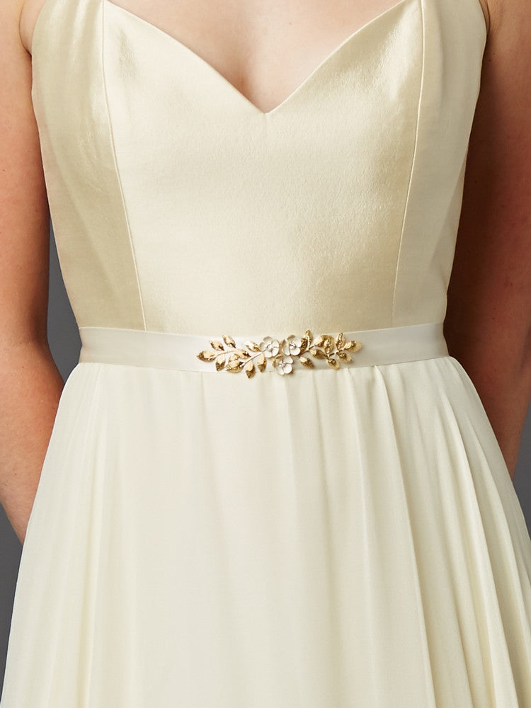 Hand Enameled Tea Rose Designer Bridal Sash Belt in Ivory Gold 4482BT-I-G