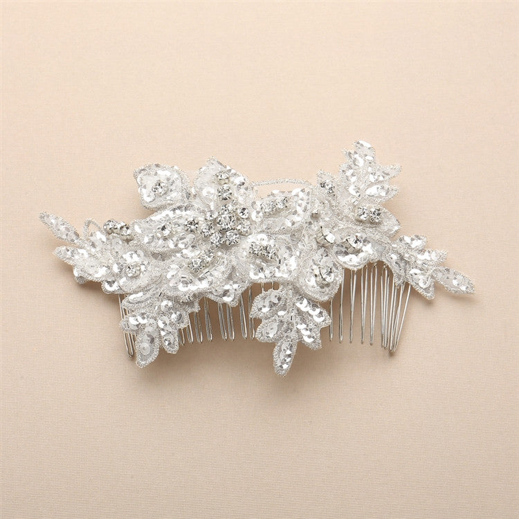 Sculptured European White Lace Bridal Comb with Crystals and Sequins 4484HC-W
