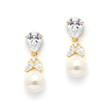 Gold CZ Bridal Earrings with Pears and Pearl Drops 4490E-I-G
