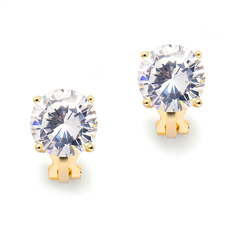 Gold Clip-On Earrings with 3 Carat 9.5mm CZ Solitaire 4512EC-G
