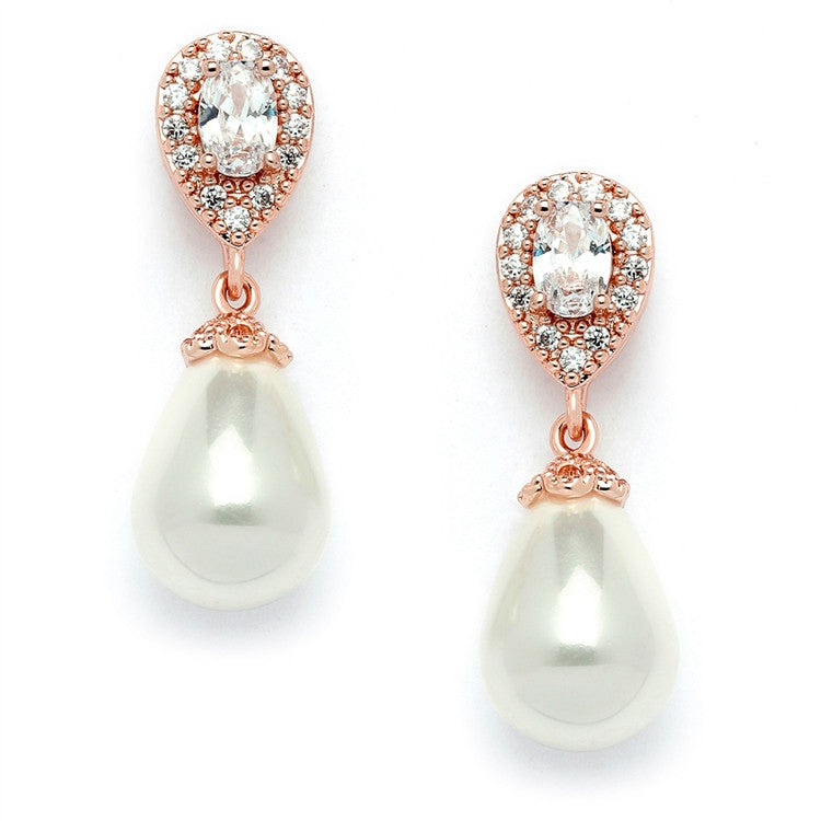 CZ Pear Bridal Earrings with Bold Soft Cream Pearl Drops 4516E-I-RG