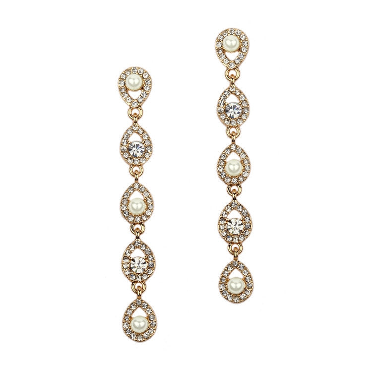 Gold Linear Teardrop Pearl and Crystal Dangle Earrings 4518E-I-G