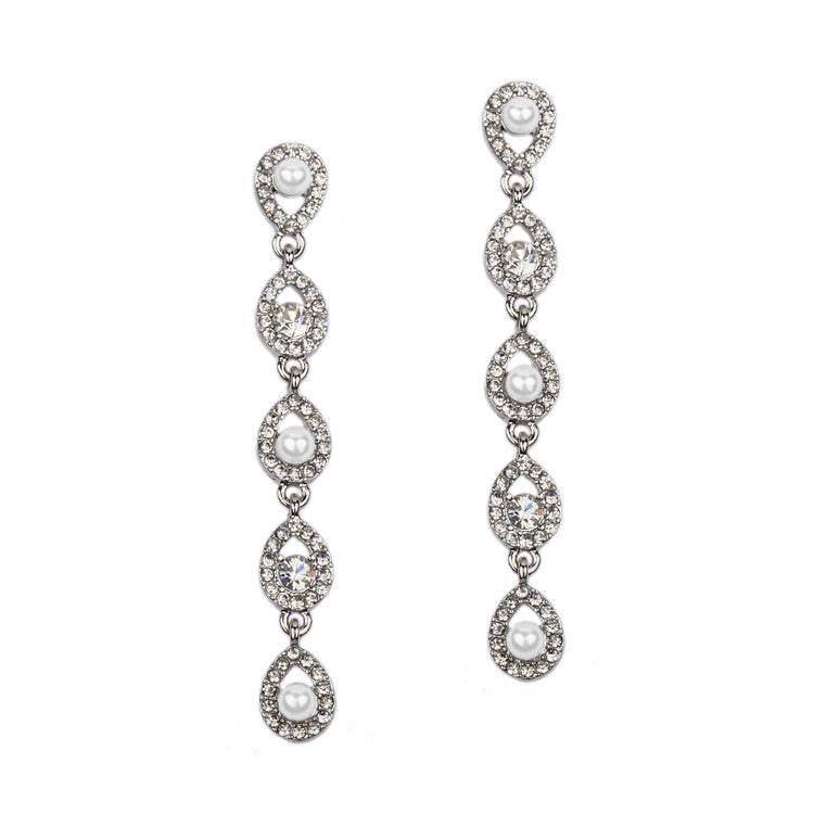 Linear Teardrop White Pearl and Crystal Dangle Earrings 4518E-W-S
