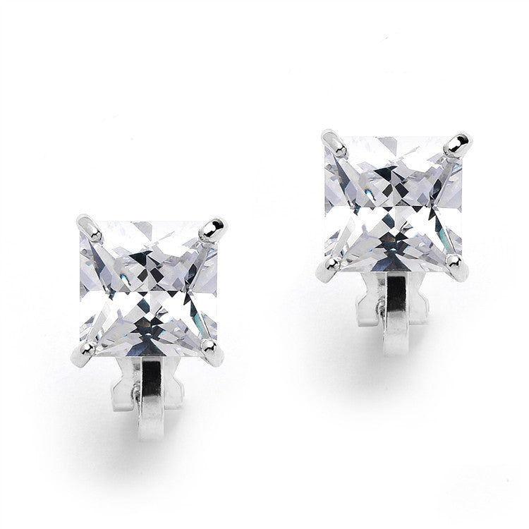 Clip-On Earrings with 2 Carat 8mm Princess Cut CZ Solitaire 4549EC-S