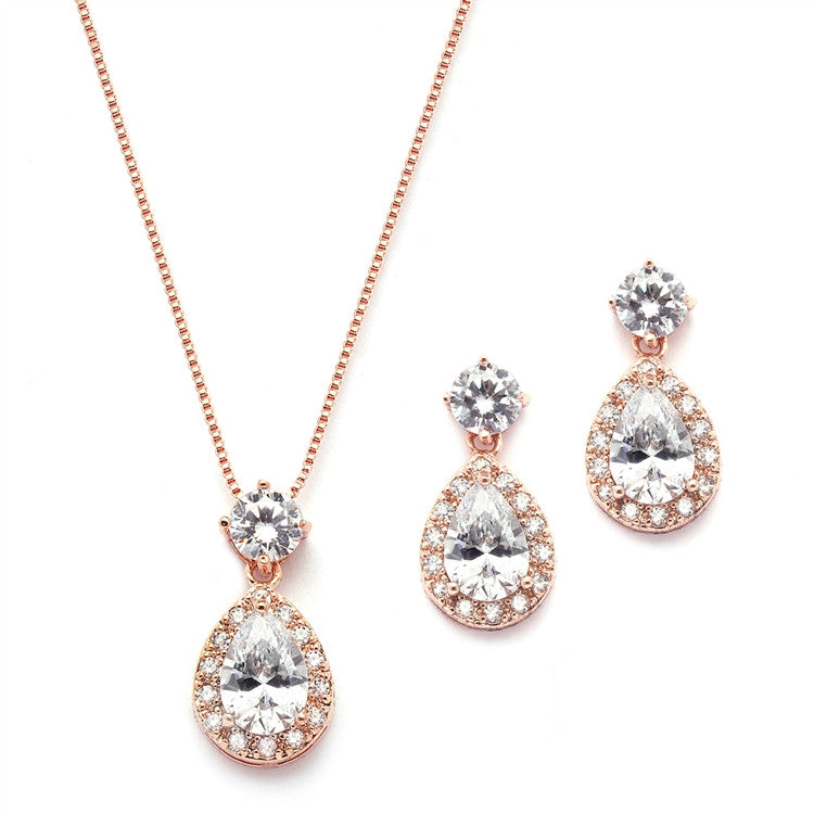 Brilliant CZ Halo Pear Shaped Rose Gold Necklace and Earrings Set 4550S-RG