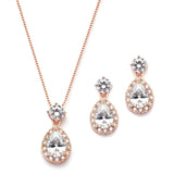 Brilliant CZ Halo Pear Shaped Rose Gold Necklace and Earrings Set 4550S-RG