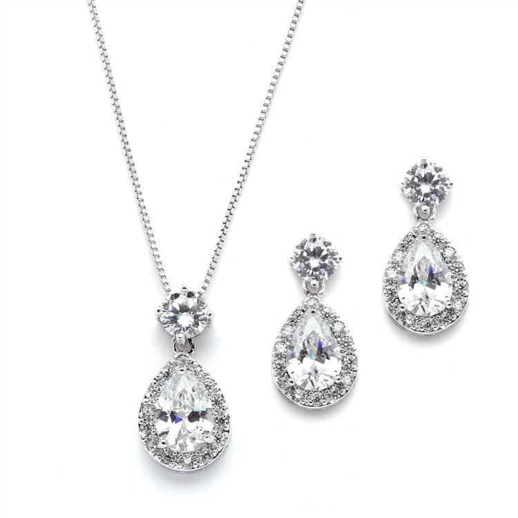 Brilliant CZ Halo Pear Shaped Necklace and Earrings Set 4550S-S