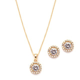 Gleaming Cubic Zirconia Round Shape Halo Gold Necklace and Stud Earrings Set 4552S-G