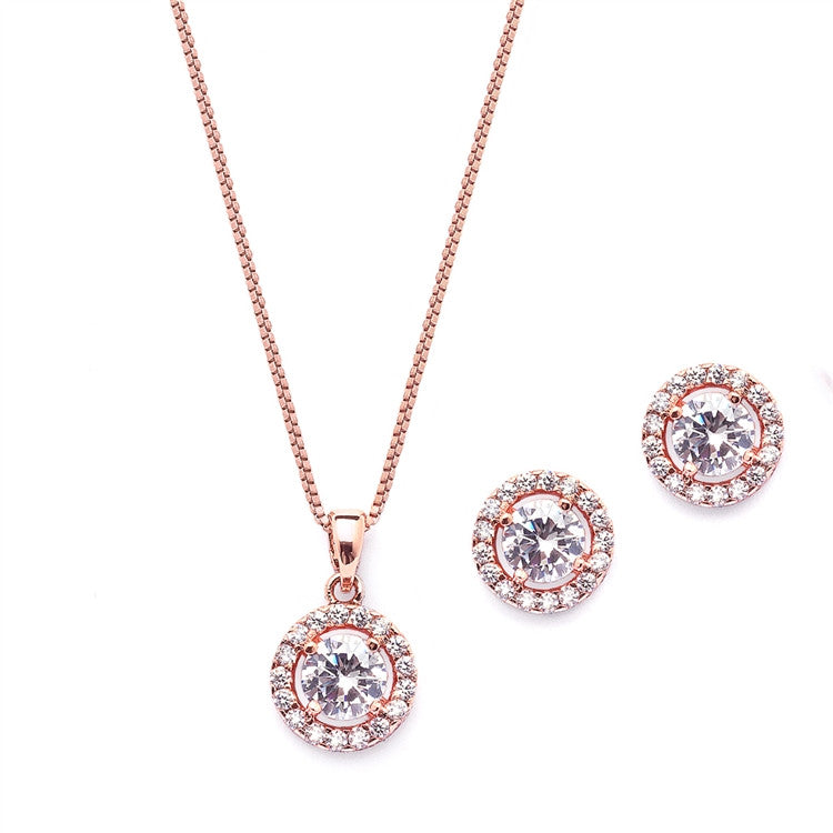 Gleaming Round Halo Cubic Zirconia Rose Gold Necklace and Stud Earrings Set 4552S-RG