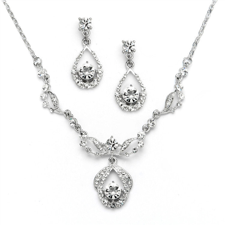 Vintage Crystal Necklace and Earrings Set - Antique Silver Plating 4554S-S