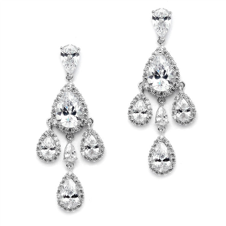Petite Cubic Zirconium Chandelier Earrings with Platinum Rhodium Plated Pear-Shaped Halo Teardrops 4555E-S