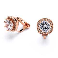 Rose Gold Cubic Zirconia Cushion Shape 10mm Halo Clip On Stud Earrings with Round Cut Solitaire 4556EC-RG