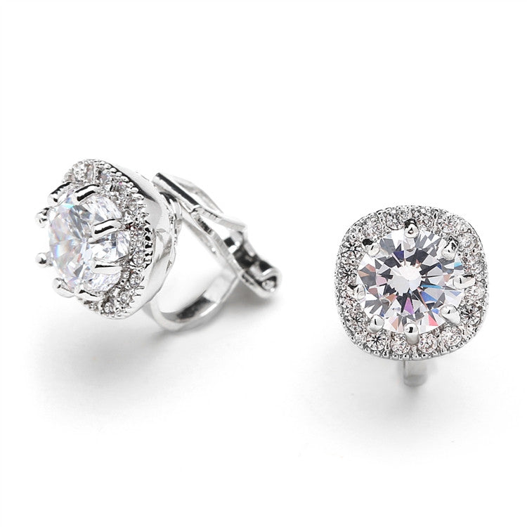 Cubic Zirconia Cushion Shape 10mm Halo Clip On Stud Earrings with Round Cut Solitaire 4556EC