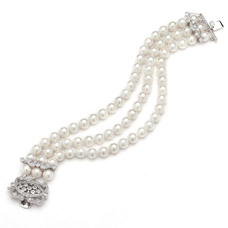 Mariell 3-Row Ivory Shell Pearl Bridal Bracelet with Vintage Cubic Zirconia Clasp 4557B