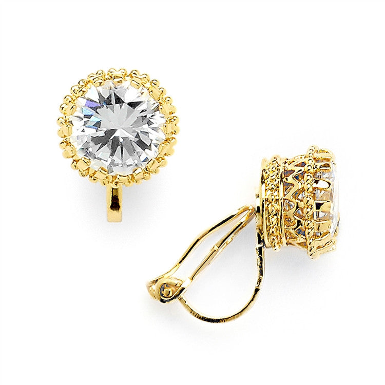 Gold Crown Setting Clip-On 2.0 Carat Round Solitaire Cubic Zirconia Stud Earrings 4559EC-G