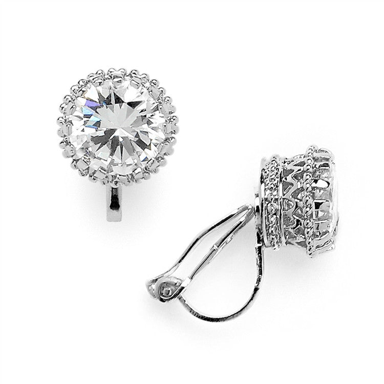 Crown Setting Clip-On 2.0 Ct Round Cubic Zirconia Platinum Plated Stud Earrings 4559EC-S