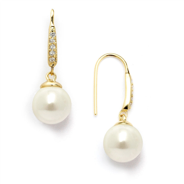 Vintage French Wire Bridal Earrings with Ivory Pearl Drops and 14K Gold Plated CZ Accents 4560E-I-G