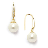 Vintage French Wire Bridal Earrings with Ivory Pearl Drops and 14K Gold Plated CZ Accents 4560E-I-G