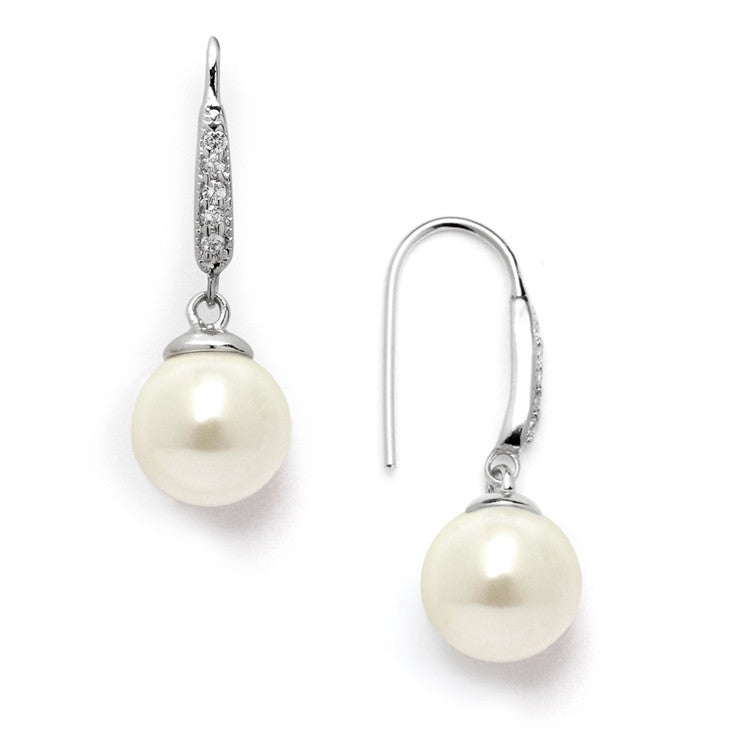 Vintage French Wire Bridal Earrings with Ivory Pearl Drops and Platinum Plated CZ Accents 4560E-I-S