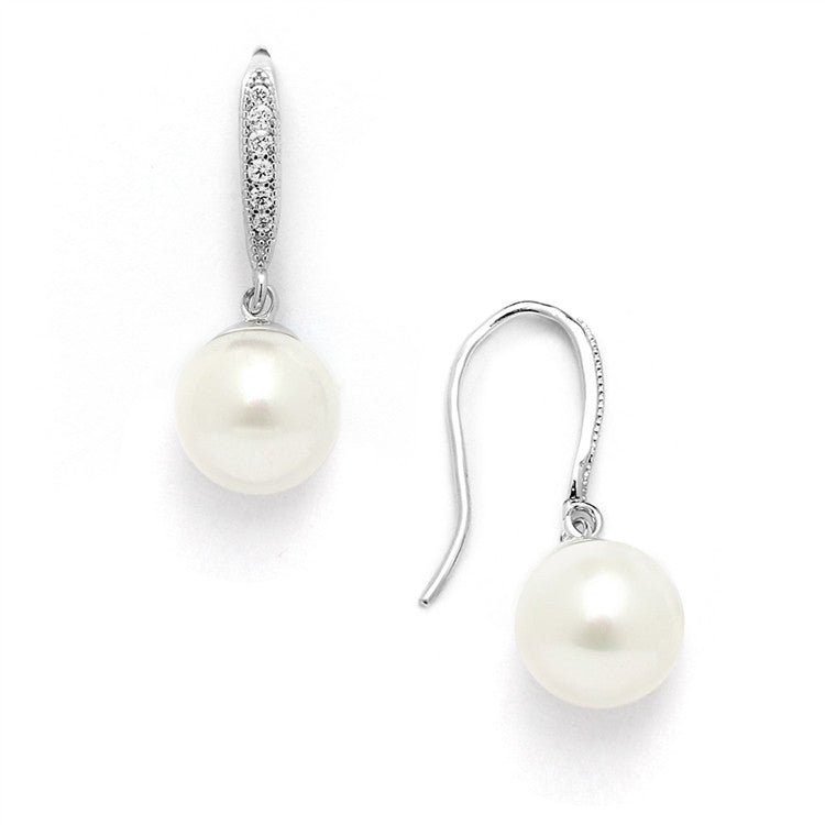 Vintage Micro Pave CZ French Wire Bridal Earrings with Ivory Pearl Drops 4561E-I-S