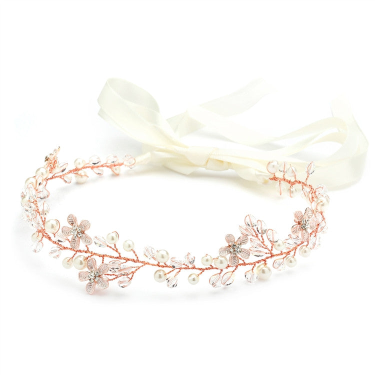 Designer Handmade Rose Gold Bridal Headband with Dainty Floral Vines 4564HB-I-RG