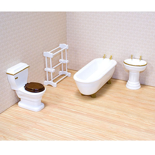 Melissa & Doug Classic Wooden Dollhouse Bathroom Furniture (4pc) - Tub, Sink, Toilet, Towel Rack