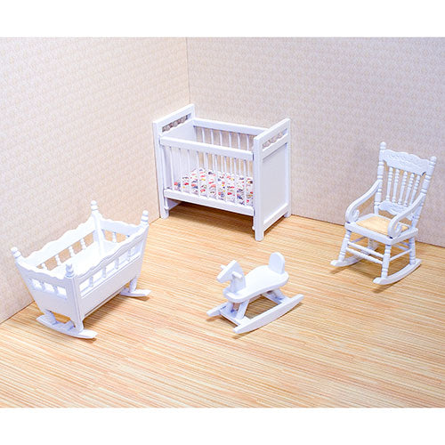 Melissa & Doug Classic Wooden Dollhouse Nursery Furniture (4pc) - Crib, Basinette, Rocker, Rocking Horse