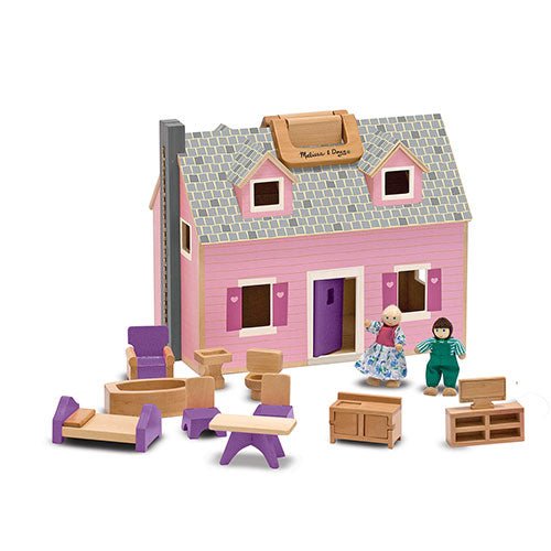 Melissa & Doug Fold and Go Wooden Dollhouse With 2 Dolls and Wooden Furniture