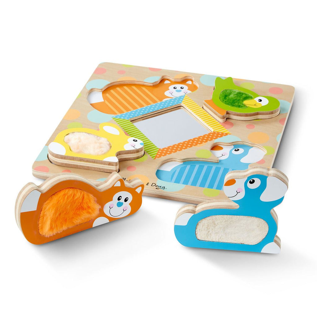 Melissa & Doug First Play Wooden Touch & Feel Puzzle Peek-a-Boo Pets With Mirror (4 Textured pcs)