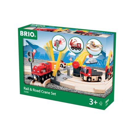 BRIO 26 Piece Rail & Road Crane Set Wooden Tracks and Vehicles