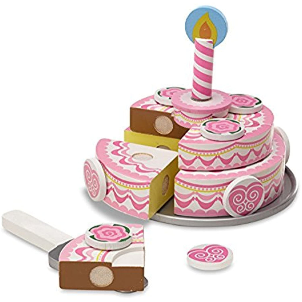 Melissa & Doug Bundle Includes 2 Items Wooden Scoop and Serve Ice Cream Counter (28 pcs) - Play Food and Accessories Triple-Layer Party Cake Wooden Play Food Set