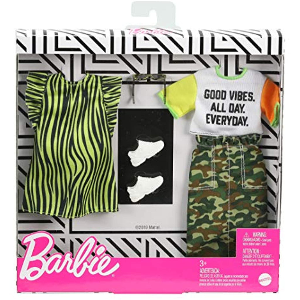 Barbie Fashions 2-Pack Clothing Set, 2 Outfits Doll Include Camo Pencil Skirt, Color-Blocked T-Shirt with Graphic, Lime Green Animal-Print Dress & 2 Accessories, for Kids 3 to 8 Years Old