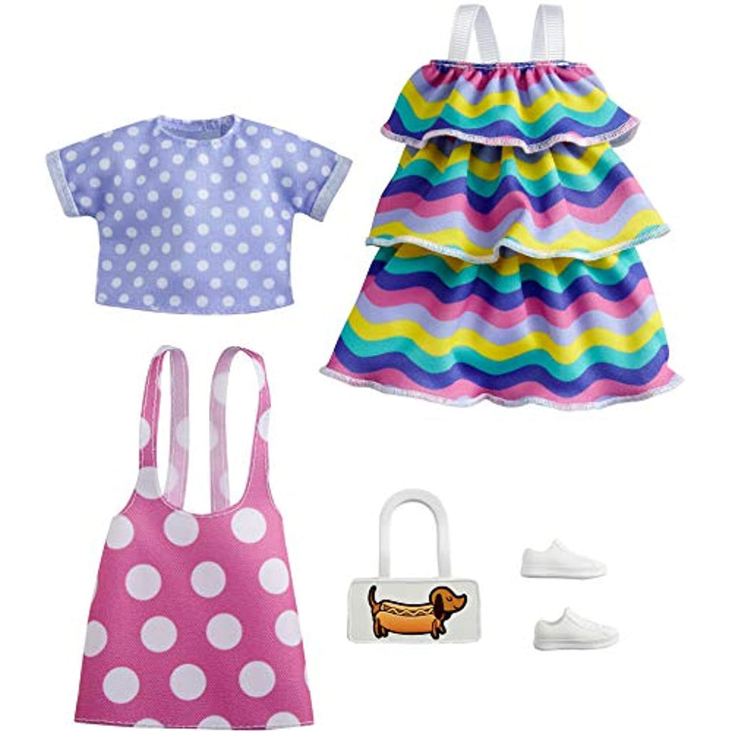 Barbie Fashions 2-Pack Clothing Set, 2 Outfits Doll Include Pink Polka-Dot Jumper, Purple Polka-Dot Top, Striped Dress & 2 Accessories, Gift for Kids 3 to 8 Years Old
