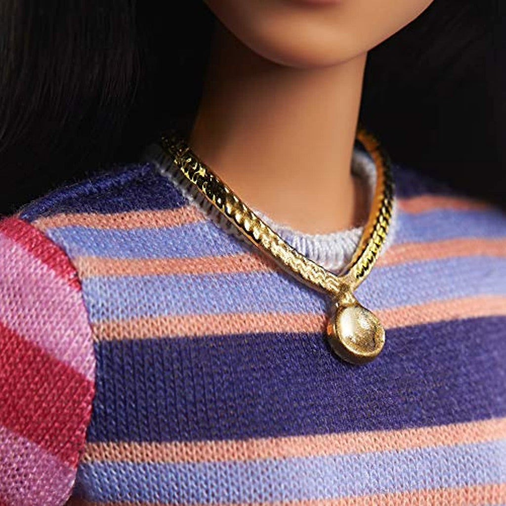 Barbie Fashionistas Doll with Long Brunette Hair Wearing Striped Dress, Orange Shoes & Necklace, Toy for Kids 3 to 8 Years Old