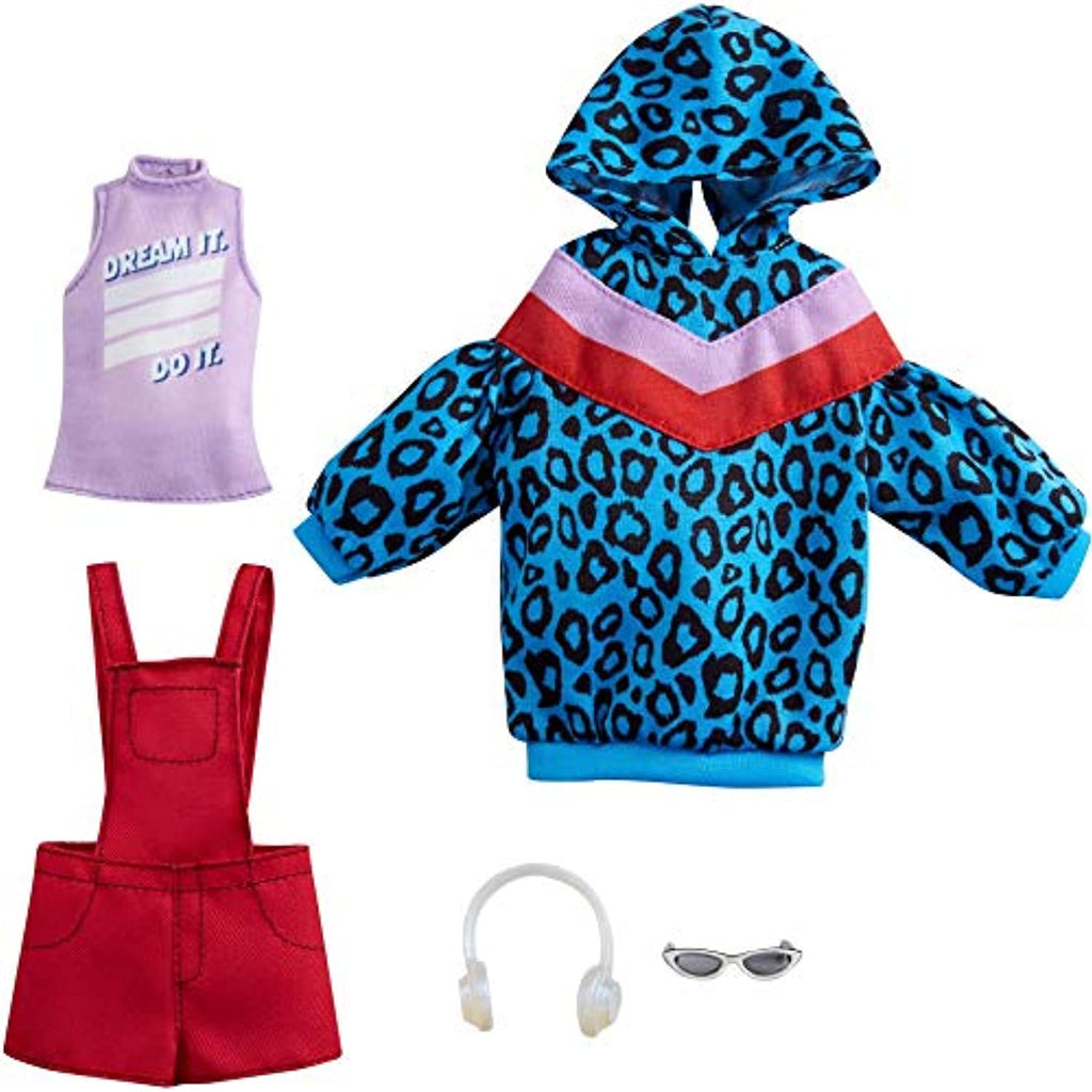 Barbie Fashions 2-Pack Clothing Set, 2 Outfits Doll Include Animal-Print Hoodie Dress, Graphic Top, Red Overalls & 2 Accessories, Guft for Kids 3 to 8 Years Old