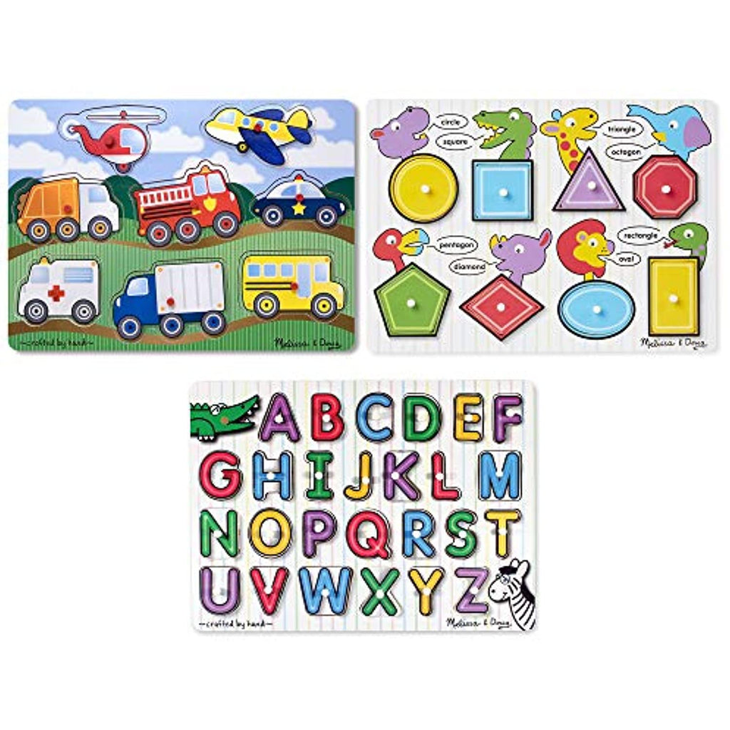 Melissa & Doug Wooden Peg Puzzle Bundle - Alphabet, Vehicles, Shapes