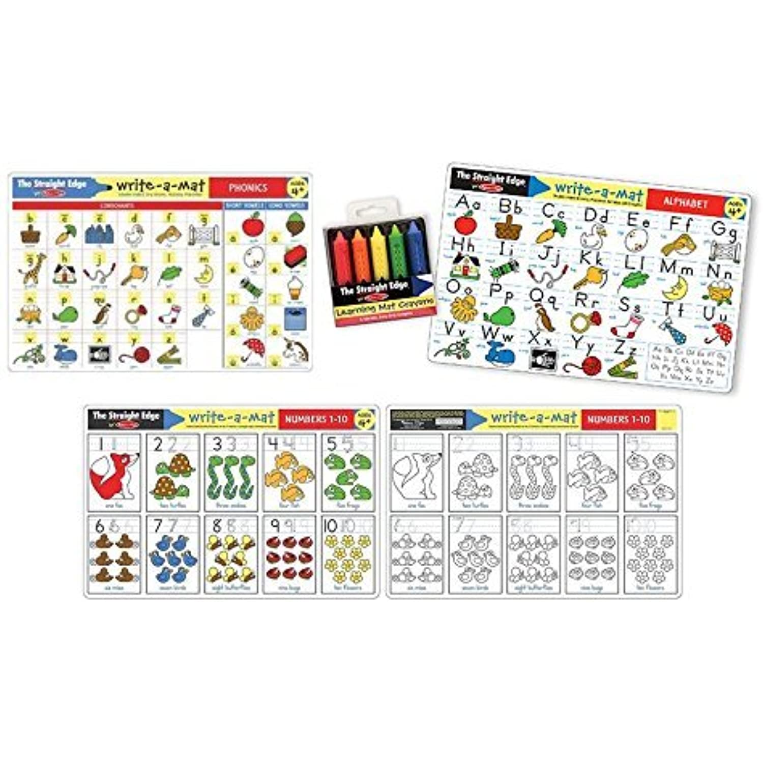 Alphabet, Numbers 1-10, Phonics Mats - 3 x Learning and Coloring Mats for age 4+ with bonus Learning Mat Crayons by Melissa & Doug