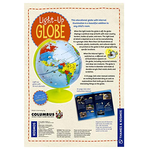 Thames & Kosmos Kids First Light Up Globe - Handcrafted, Acrylic - Made in Germany by Columbus Globes - 10", Illuminated LED Light-Up Political Map with Nocturnal Animals & Deep Sea Creatures