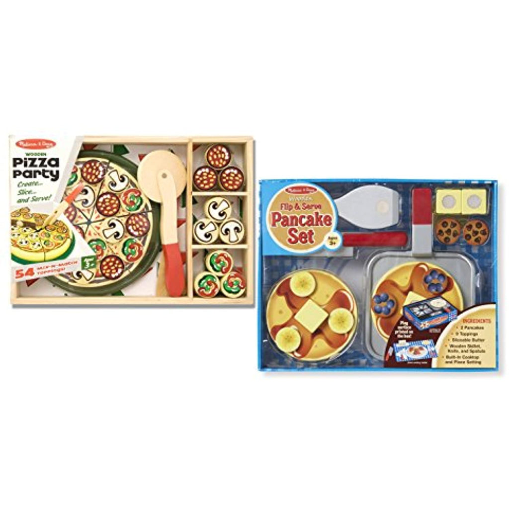 Melissa & Doug Wooden Playsets Bundle - Flip and Serve Pancake Set with Pizza Party Set - Ages 3 and Up - Imaginative Fun