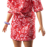 Barbie Fashionistas Doll with Long Pink Hair Wearing a Red Paisley Top & Skirt, White Sneakers & Scrunchie Bracelet, Toy for Kids 3 to 8 Years Old